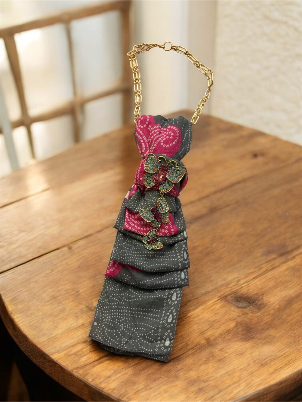 Pink and grey scarf necklace made by ME